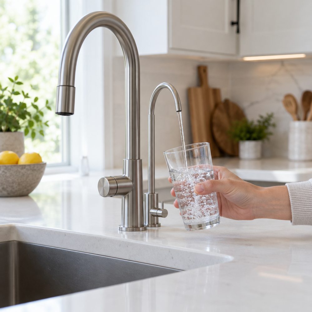 Reverse osmosis drinking water faucet filling a glass