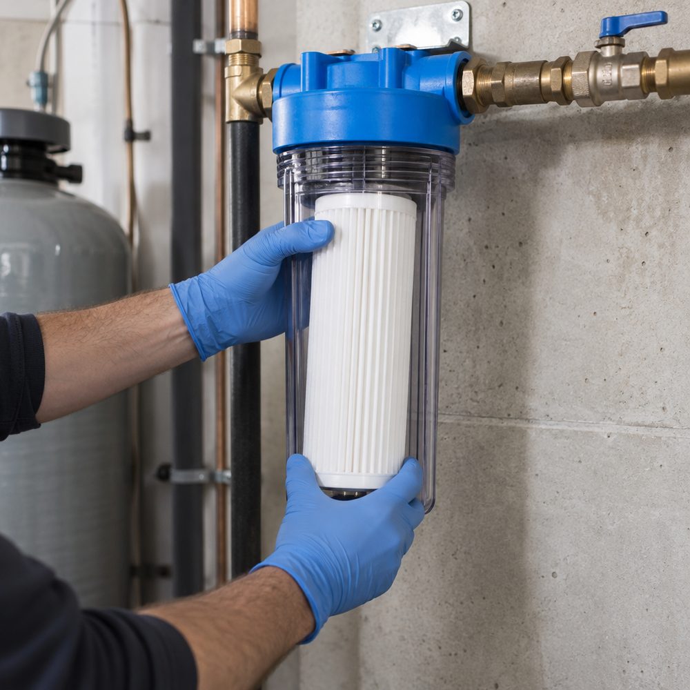 Technician replacing a whole-house water filter cartridge
