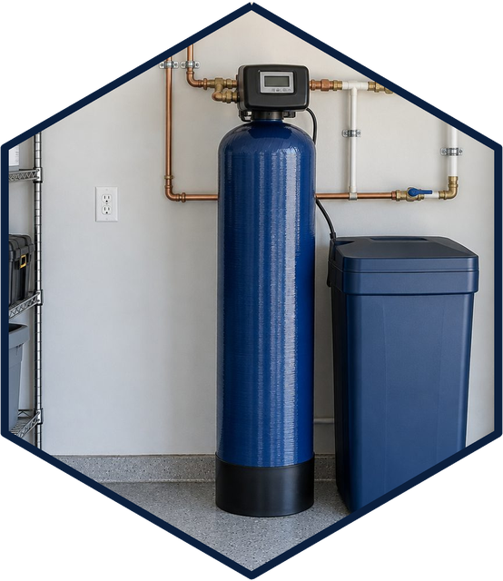 Whole-home water softener installed in a Tampa garage